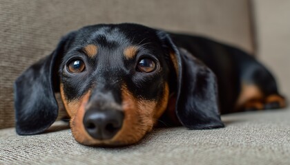 Lonely Dachshund Waiting For Miracle: Sad Dog In Bad Mood On Sofa During Holidays, Close Up With Copy Space.