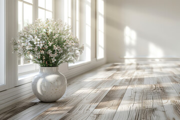 Bright and airy hallway features a lovely potted plant in a ceramic vase. Sunlight filters through large windows, creating a peaceful atmosphere in this Nordic-style space