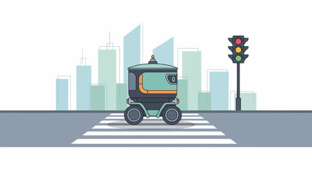 Self Driving Delivery Pod At Crosswalk In Urban Landscape