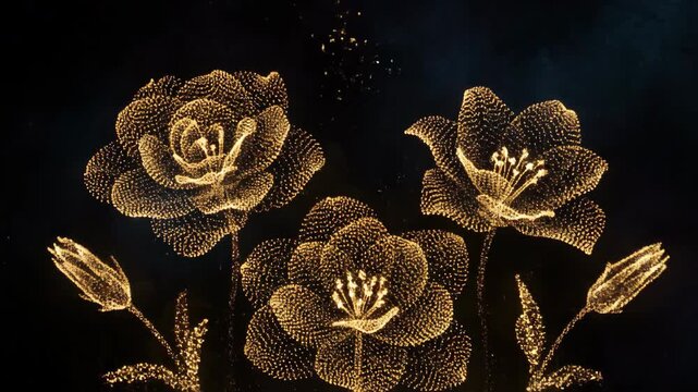 Golden glowing particles ascend slowly, forming delicate flower-like patterns in a seamlessly looping abstract animation golden hour, shimmering, stamen inspiration