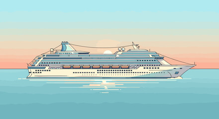 Stylish Cruise Ship At Sea Against Pastel Sunset Illustration