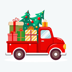 Charming vintage red truck laden with festive christmas trees and gifts vector illustration