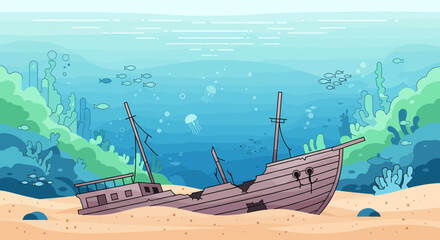 Underwater Scene With Shipwreck And Marine Life, Stylized Illustration