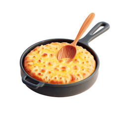 Baked pizza in pan with spoon on black background.