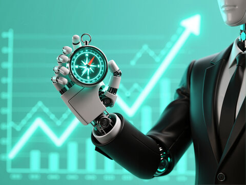An AI-powered robotic businessman showcasing a compass to explore strategic marketing paths in a futuristic business concept.