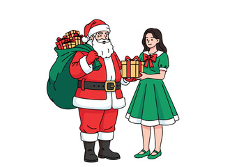 Santa Claus Giving a Gift to a Girl, Christmas Present Exchange Illustration