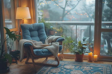 This space features a plush blue chair adorned with a soft blanket, next to a tall lamp. Candles flicker nearby, creating a warm atmosphere in a room filled with natural light