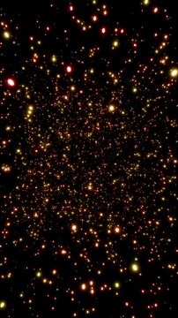 Vertical video parallax effect of glowing fiery particles rotating seamlessly 3d render. Looping abstract rotating particle overlay for greetings, holidays, weddings, awards, Christmas