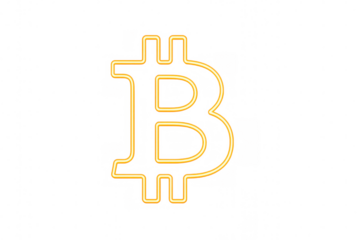 Bitcoin symbol neon glowing sign representing cryptocurrency finance and digital money on transparent background