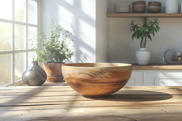 A serene Scandinavian kitchen showcases a single ceramic bowl on a wooden island. Sunlight pours through a window, highlighting nearby plants and simple decor