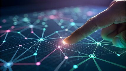 Close up of a finger touching a digital network with glowing nodes and lines