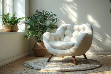 This Scandinavian living room features a soft white armchair sitting on a round rug, surrounded by lush green plants. Natural light filters through the window, creating a warm atmosphere
