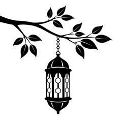 A beautiful vintage lantern hanging from a tree branch, decorated with leaves, perfect for Ramadan and Eid celebrations or as a decorative element