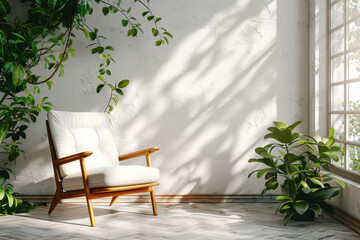 Natural light fills a Scandinavian living room where a comfortable white armchair is placed. Lush green plants add a fresh touch, enhancing the inviting atmosphere of the space