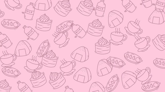 Food doodle pattern ideal for food blogs, menu designs, and foodrelated projects, featuring vibrant, playful elements on a pink background.