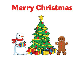 Festive Merry Christmas Illustration Featuring a Smiling Snowman, Decorated Pine Tree, and Gingerbread Man with Gifts