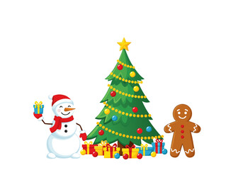 Christmas tree, snowman, and gingerbread man with presents, symbolizing holiday joy and festive celebrations