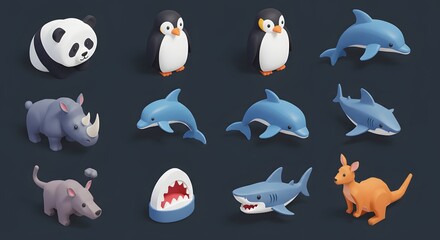 Obraz premium Collection of Cute Cartoon Animal Figurines: Panda, Penguin, Dolphin, Shark, Kangaroo, Rhino