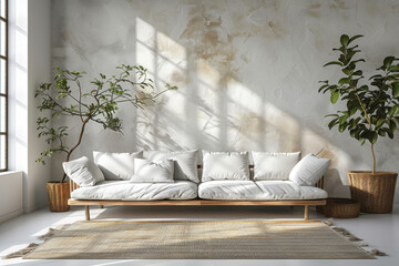 Bright and inviting Scandinavian living room showcases a white sofa adorned with soft cushions. Natural light filters through large windows, highlighting the warm tones of the decor and plants