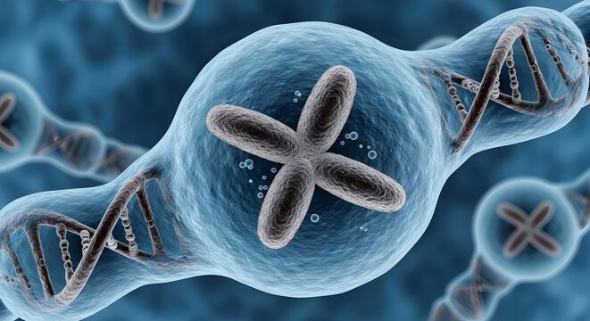 Microscopic cell nucleus structure, DNA double helix, scientific visualization