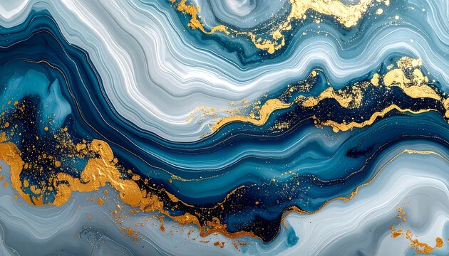 Abstract art of flowing, layered blues and golds, marble-like texture