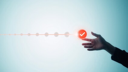 Achieve business goals with a successful step by step plan, hand touches digital checklist for project completion, and hitting targets with ease