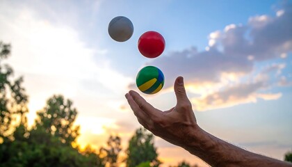 Juggling Balls in the Air Against a Sunset Sky.
