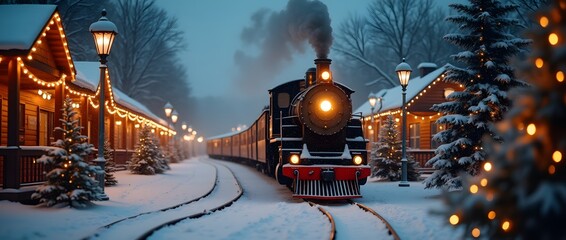 Magical Christmas Steam Train Arrives at a Snowy, Lighted Station