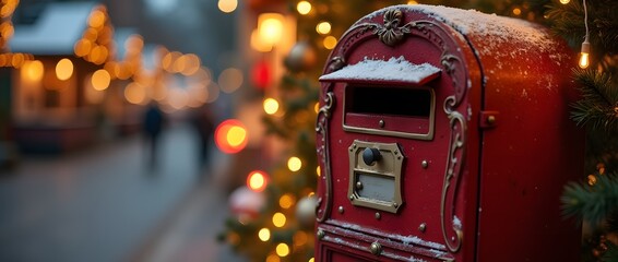street kiosk with a santa letter mailbox decorated with lights