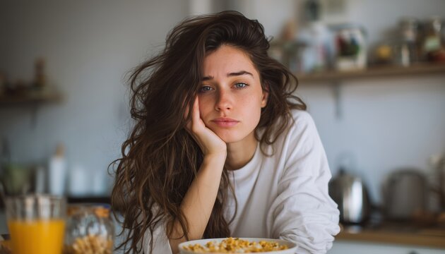 Tired Young Woman In White Loft Kitchen, Feeling Grumpy, Sleepy, And Without Appetite While Eating Unappetizing Breakfast