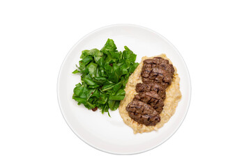 Top-down transparent PNG of Turkish-style grilled meatballs with truffle mushrooms and eggplant purée, served with fresh greens on a white plate — perfect for gourmet menus and culinary visuals.