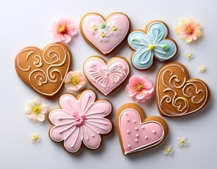 cute gingerbread and cookies in the shape of flowers and hearts on white background