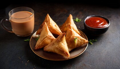 freshly made samosas served with hot chai and ketchup a delicious snack enjoyed during tea time with rich flavors