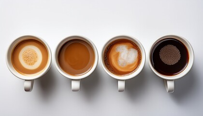 a shot from above of four coffee cups with different coffees white background