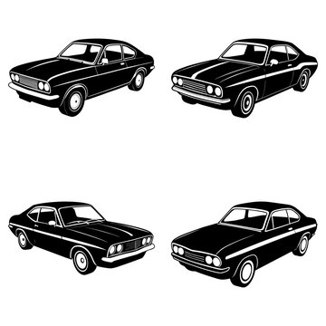 Four illustrations of a black opel manta car in various angles on a white background in vector format