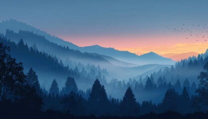 Obraz premium Scenic Dark Blue Mountain Landscape With Fog And Forest: Sunrise And Sun In Mountains, Embracing The Outdoors And Nature.