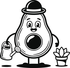Cartoon Avocado Watering Plant – Black & White Vector for Kids, Gardening & Whimsical Healthy Living