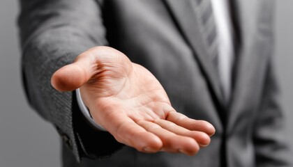 Obraz premium Male Hand In A Suit Gesturing Palm Up Against Gray Background, Symbolizing Request, Bankruptcy, And Detailed Close-Up View.
