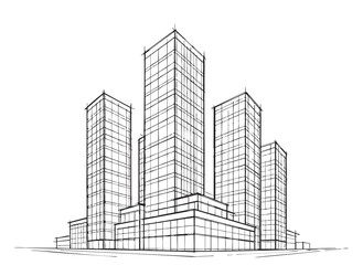 Obraz premium High rise building complex apartment with black window sketch. Set. Line art