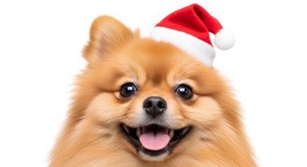 Pomeranian dog PNG, cute Pomeranian wearing a red Santa Claus hat, smiling festive dog for Christmas, isolated Pomeranian with Santa hat for holiday designs
