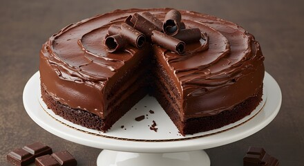 Decadent Chocolate Cake with Rich Frosting and Chocolate Curls on Pedestal