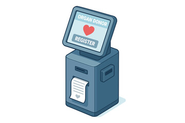 Kiosk for organ donor registration with heart symbol and receipt printer