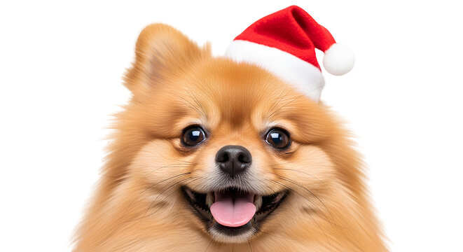 Pomeranian dog PNG, cute Pomeranian wearing a red Santa Claus hat, smiling festive dog for Christmas, isolated Pomeranian with Santa hat for holiday designs