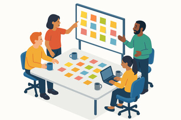 Diverse team collaborating in office - multiracial group brainstorming ideas with sticky notes