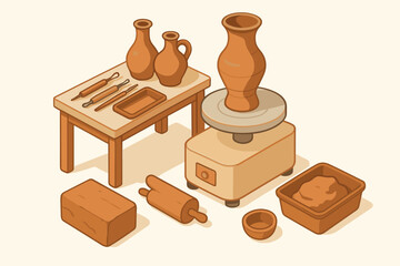 Pottery studio setup with clay vases and sculpting tools on wheel and table