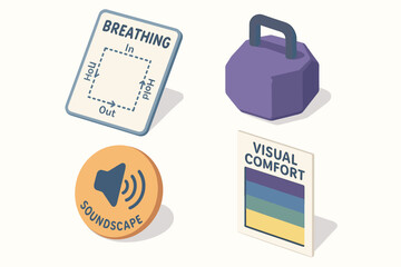 Isometric wellness symbols featuring breathing exercises, soundscapes, visual comfort, kettlebell