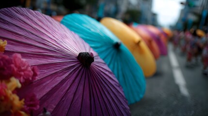 Vibrant colorful traditional paper umbrellas lead a festive procession through a city street evoking a sense of celeb n and cultural heritage