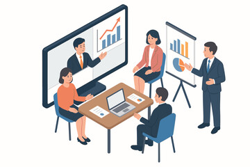 Asian professionals in virtual meeting analyzing business growth charts