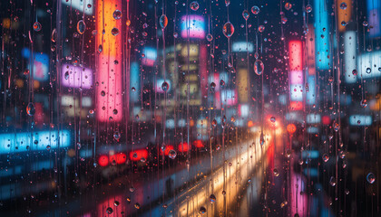 Obraz premium Raindrops sliding down tinted glass reflecting distorted neon city lights