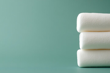 Fototapeta premium A trio of fluffy marshmallows stacked on a serene blue backdrop. The confectionery delight sits gracefully. A simple yet soothing composition, inviting sweetness.